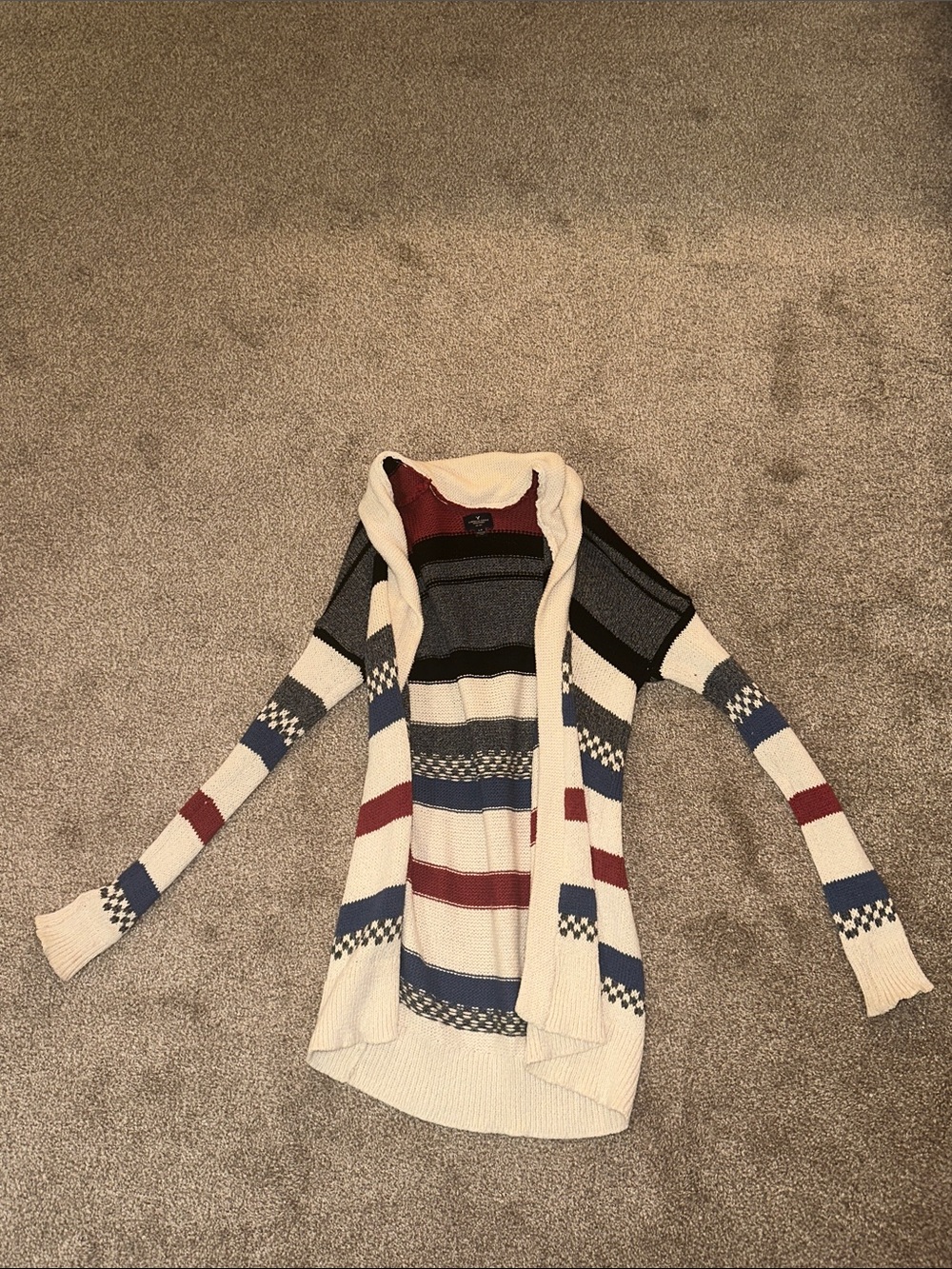 American Eagle Outfitters Striped Hooded Cardigan - Cream, Blue & Red